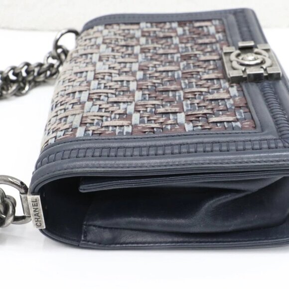 Chanel Medium Woven Boy Flap Bag Blue Dark Calf Leather Crossbody - Picture 6 of 14